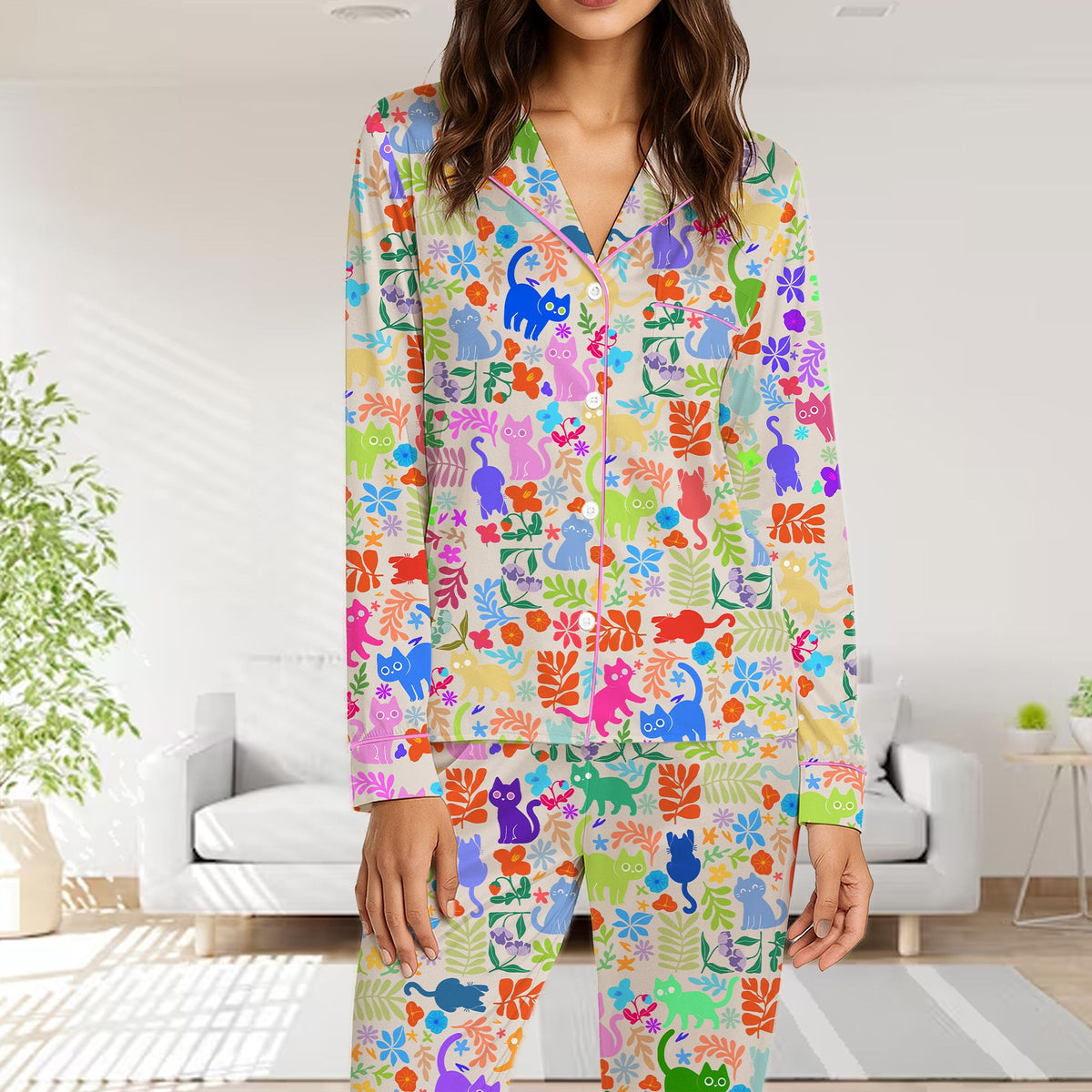 Lifestyle view showing individuals wearing the cats and botanical pajama set.