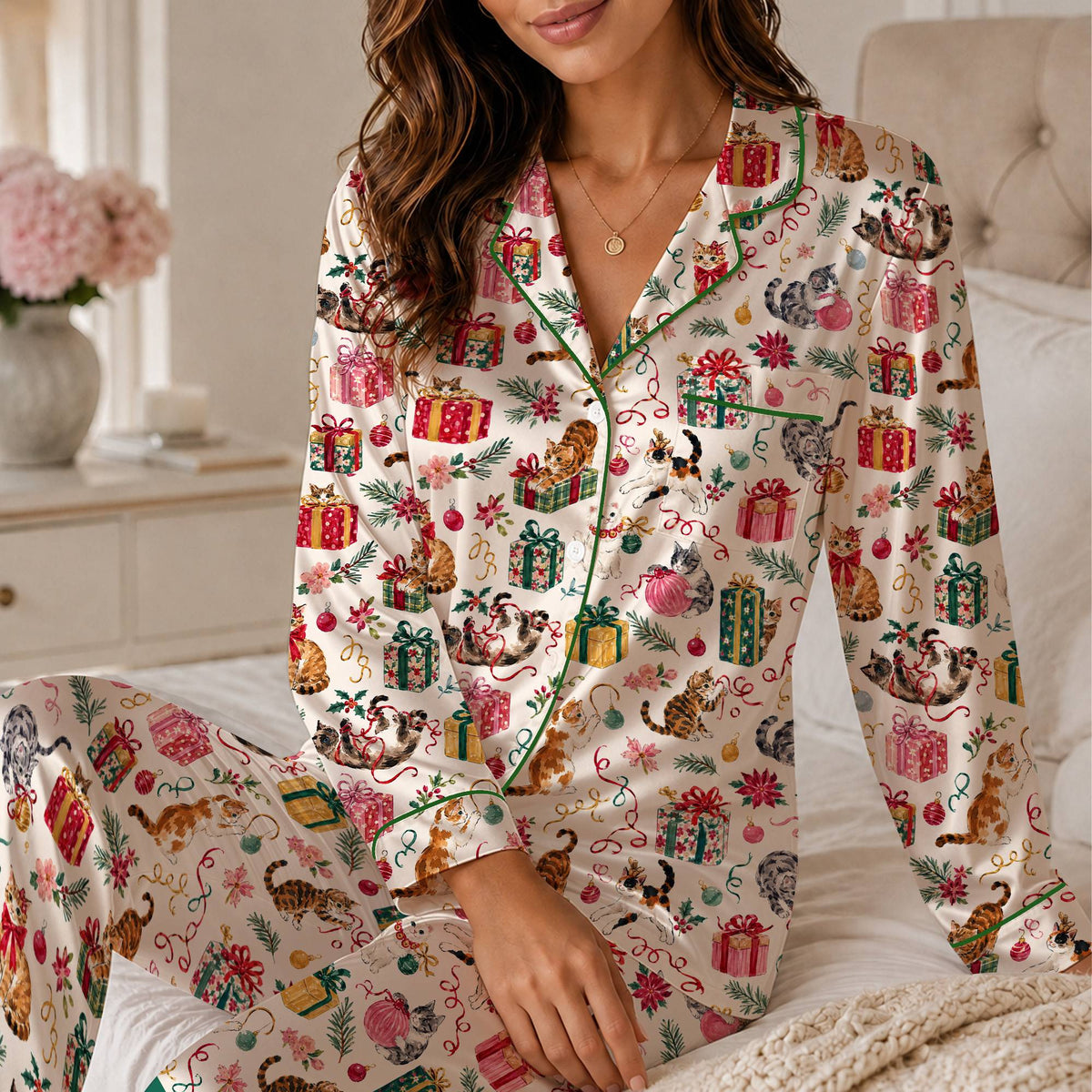 Cats and Christmas pajama set featuring playful felines and holiday presents