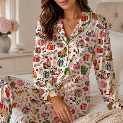 Cats and Christmas pajama set featuring playful felines and holiday presents