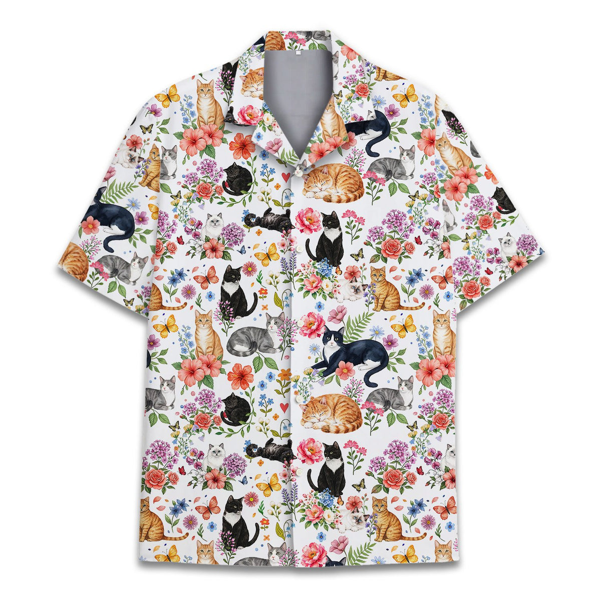 Detailed front view of the matching family pajamas with cat and floral pattern