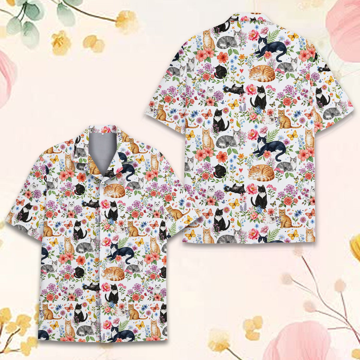 Front view of the cats and flowers pajama set on a white background