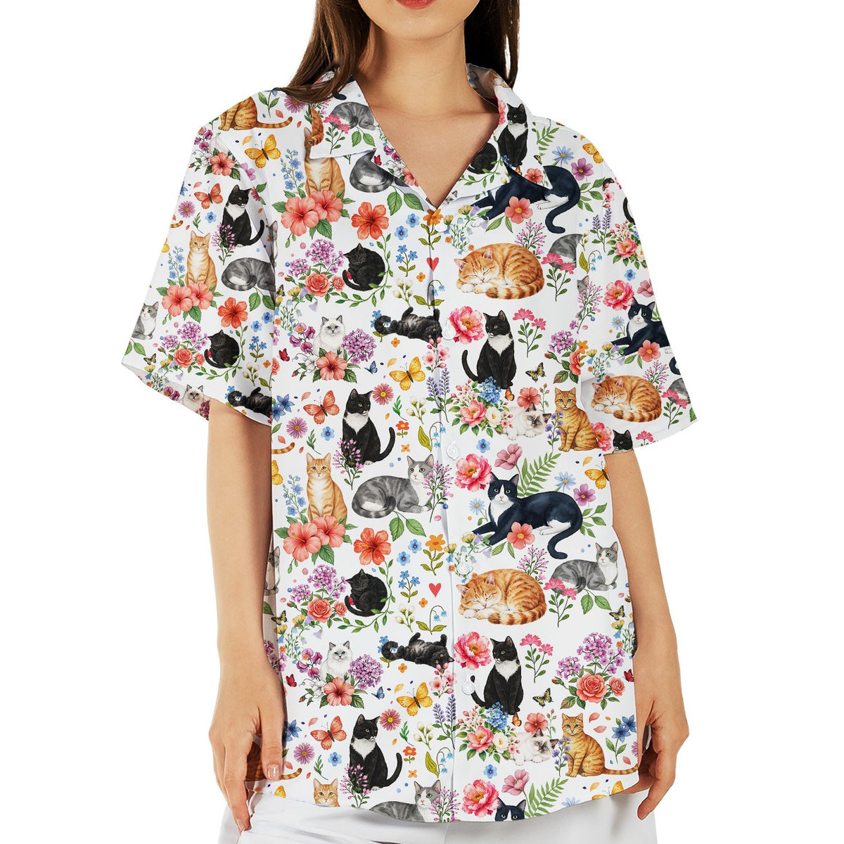 Third lifestyle view highlighting the colorful cat and floral design