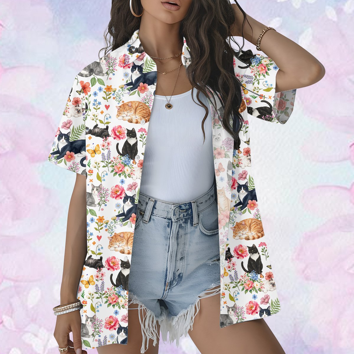 Fifth lifestyle view displaying the playful cats and flowers pajama set