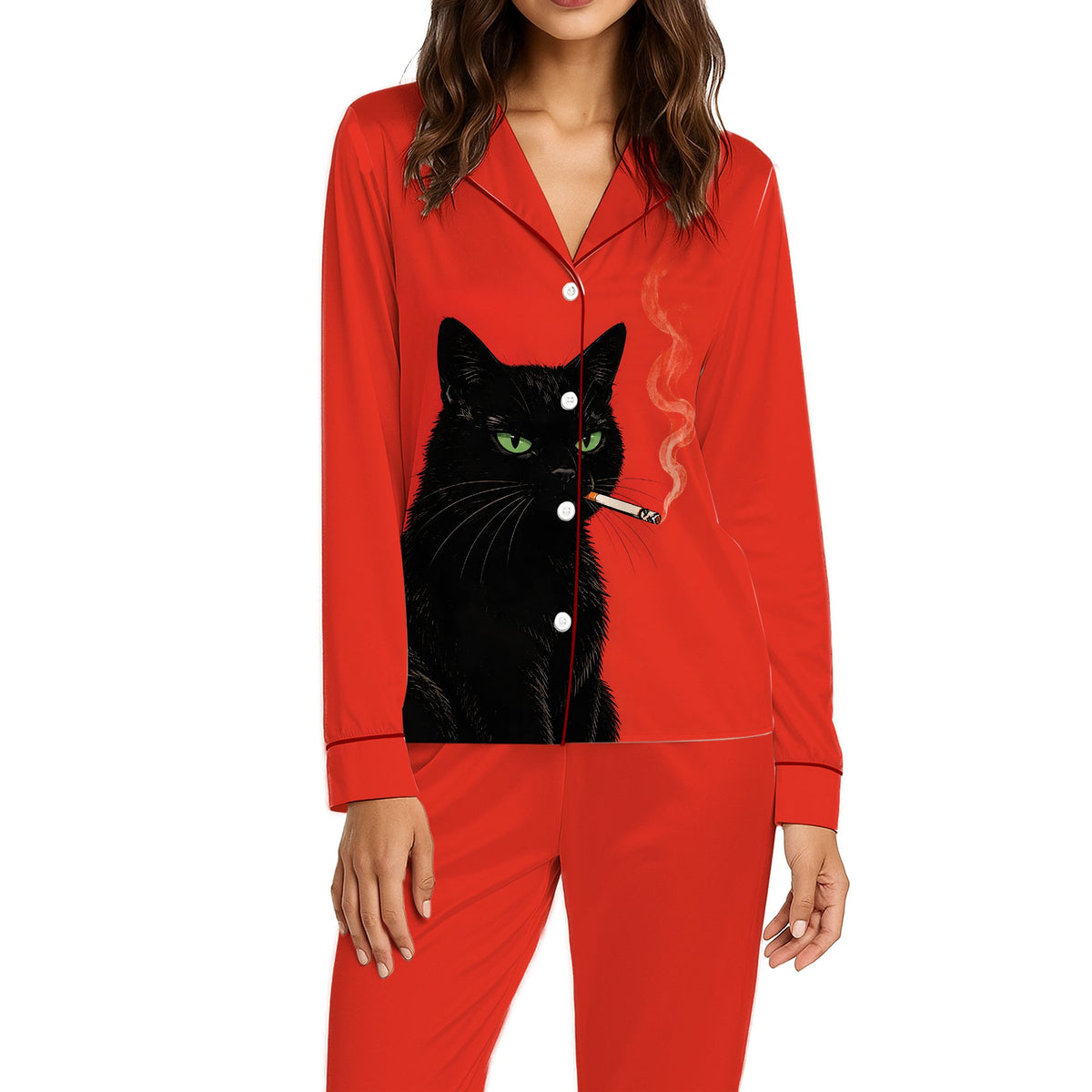 Detailed front view of the stylized cat graphic pajama set
