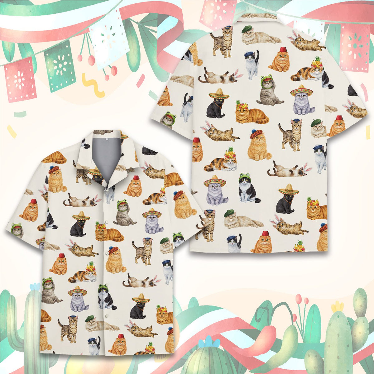 Detail of the cats in hats pajama top front design