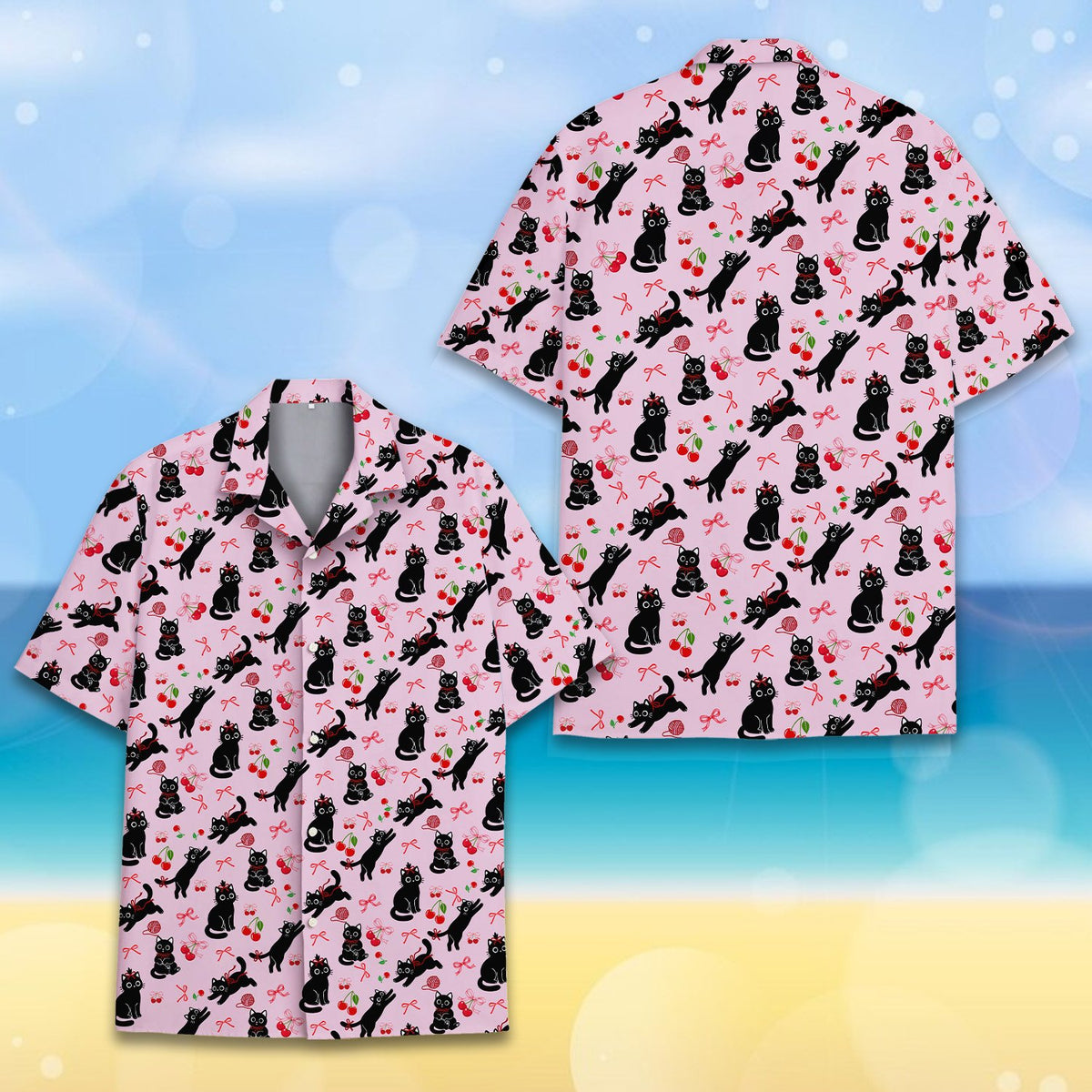 Close-up front view of the black cats and red cherries pajama design