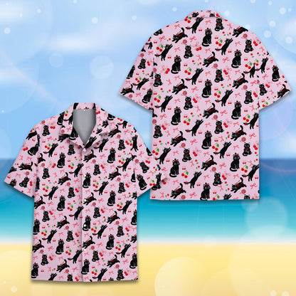 Close-up front view of the black cats and red cherries pajama design