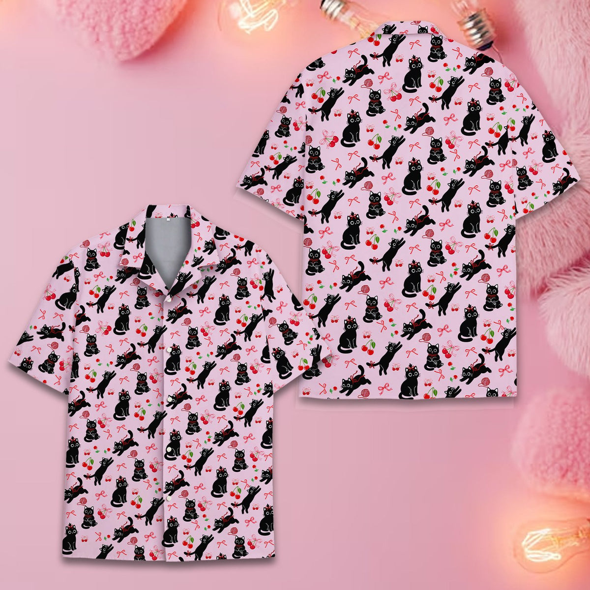 Cats pajama set with playful black cats and pink yarn, main view