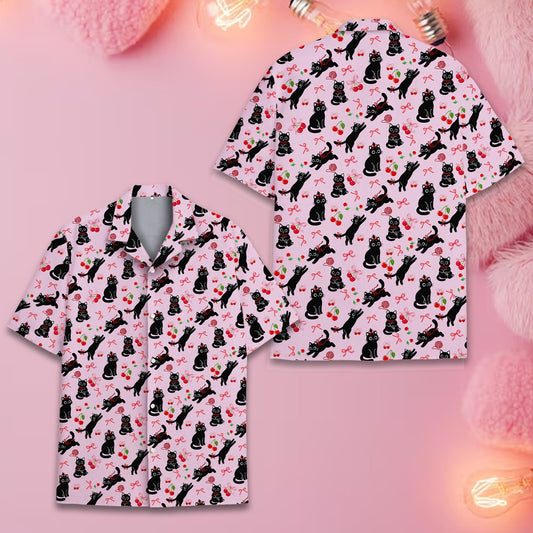 Cats pajama set with playful black cats and pink yarn, main view