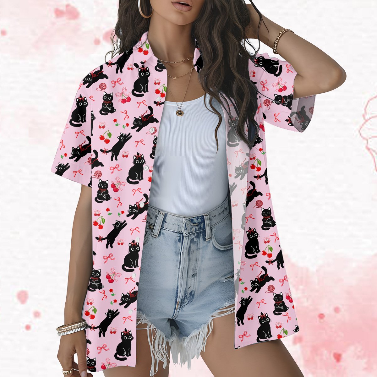 Comfortable cats pajama set worn in a lifestyle setting