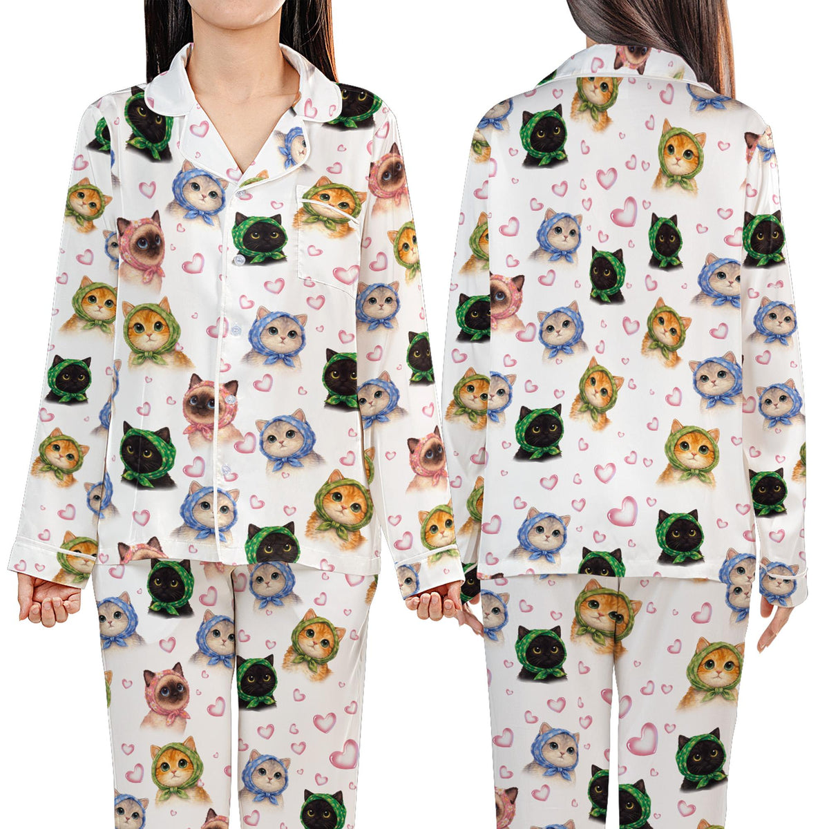 Front view of the adult cats pajama set top and bottoms
