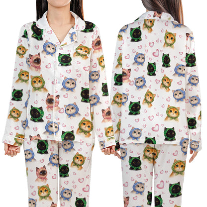 Front view of the adult cats pajama set top and bottoms