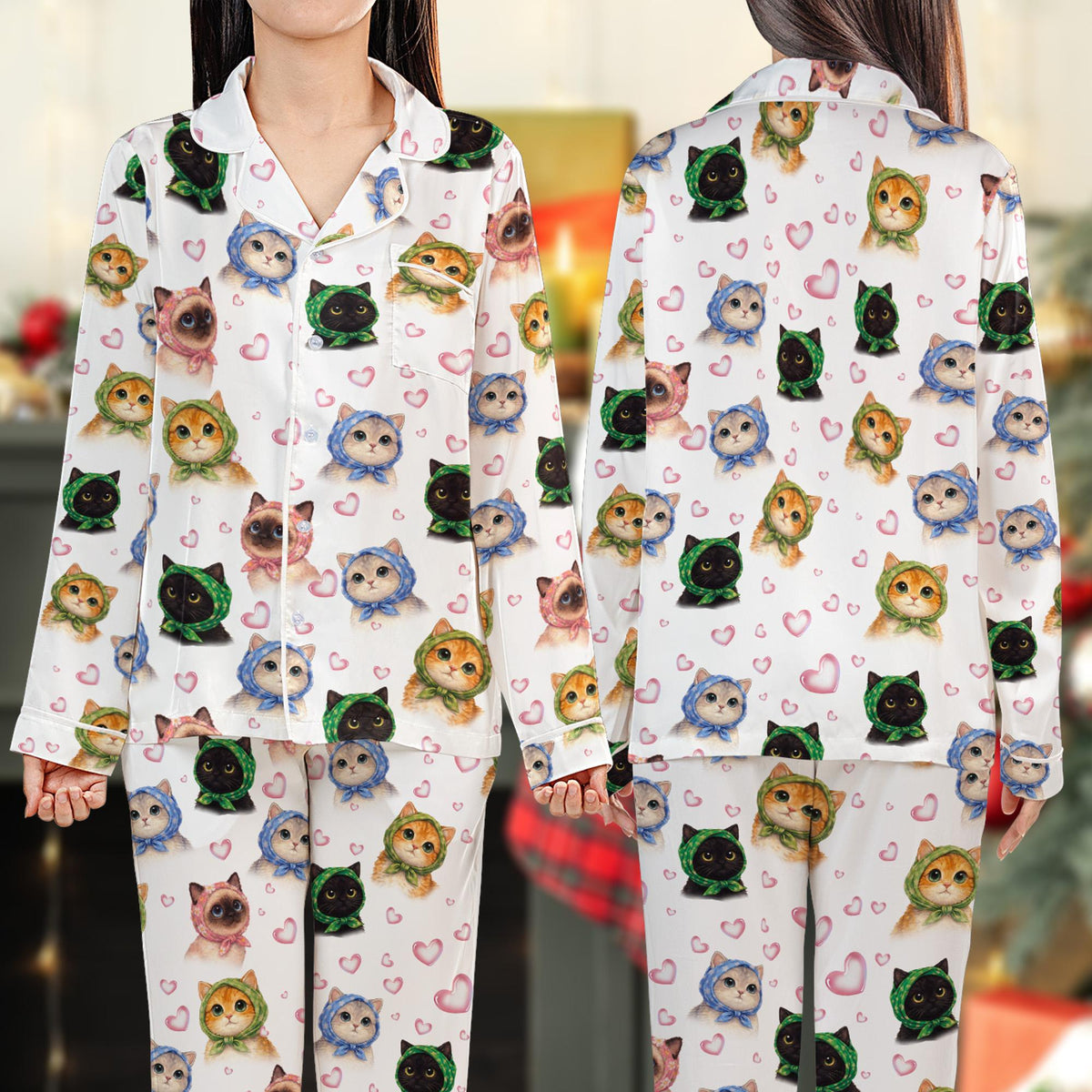 Close-up lifestyle view of the cats in headscarves pajama pattern