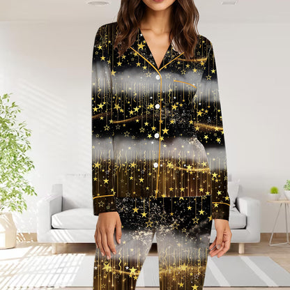 Another front view of black and gold celestial pajama set