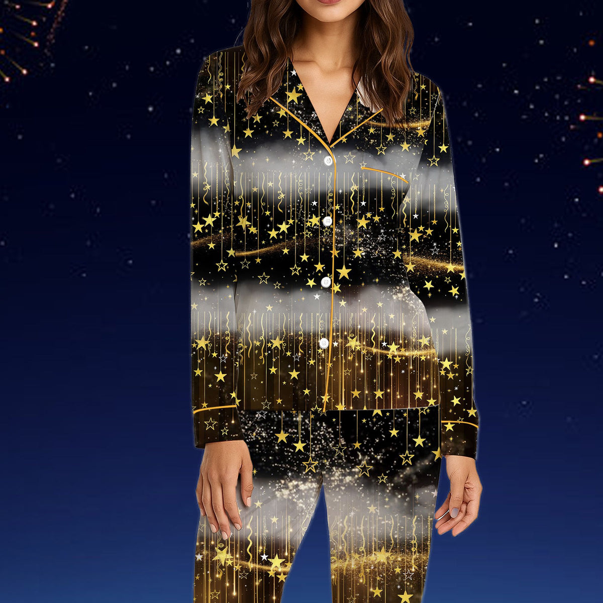 Front view of black and gold celestial pajama set