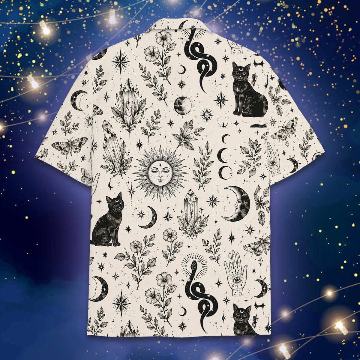 Back view of the celestial occult cat pajama set displaying the all-over abstract pattern