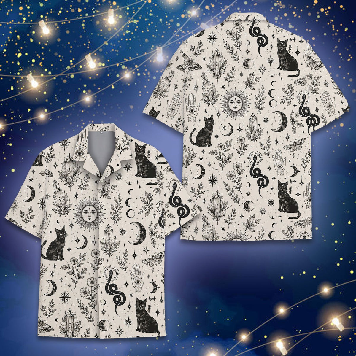 Second front view of the matching family pajama set highlighting the mystical cat design