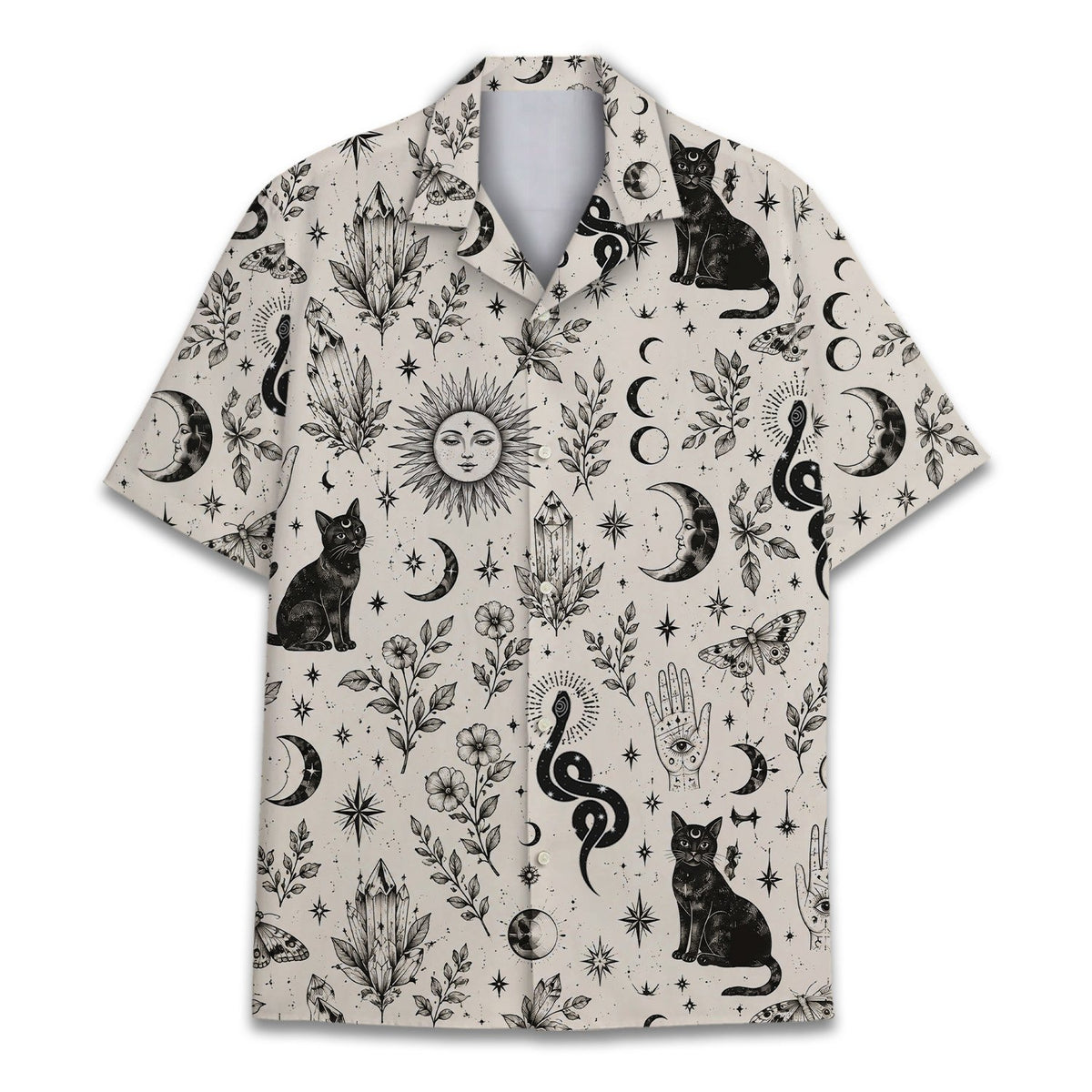 Front view of the celestial occult cat pajama set showing moon and sun faces