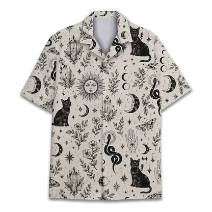 Celestial occult cat pajama set main view with intricate black line art on a beige background