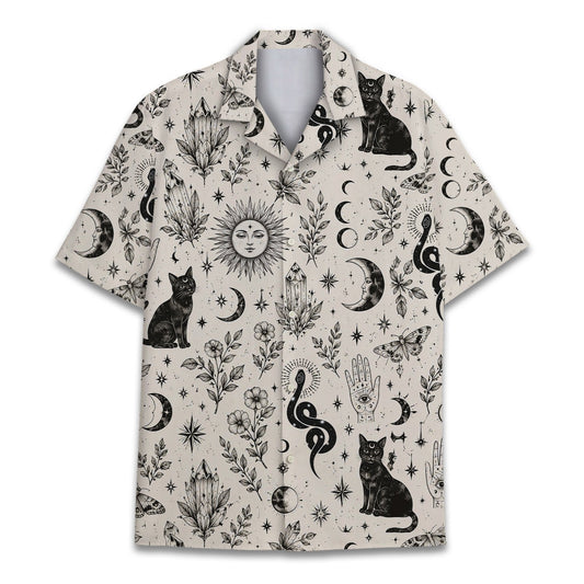 Celestial occult cat pajama set main view with intricate black line art on a beige background