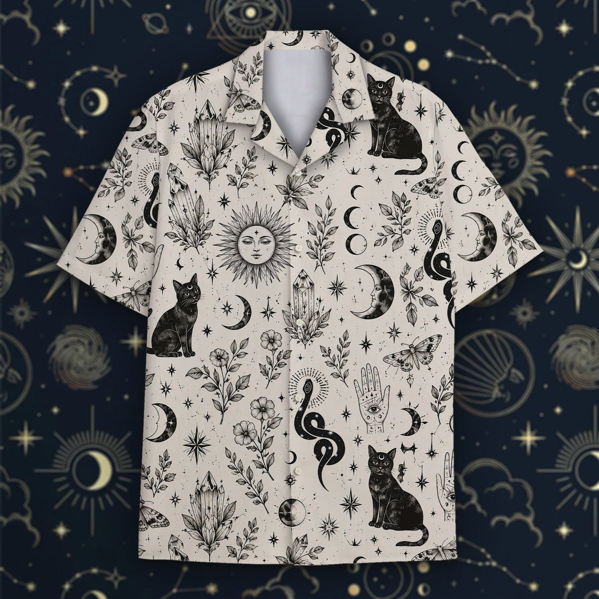 Third front view detailing the occult cat print on a matching family pajamas set