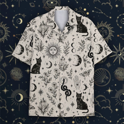 Third front view detailing the occult cat print on a matching family pajamas set