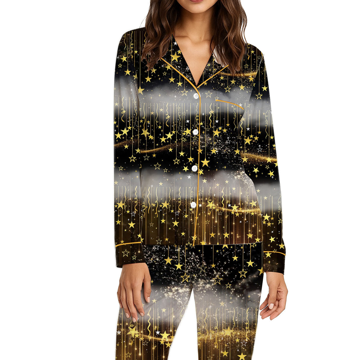 Front view of starry celestial pajama set top