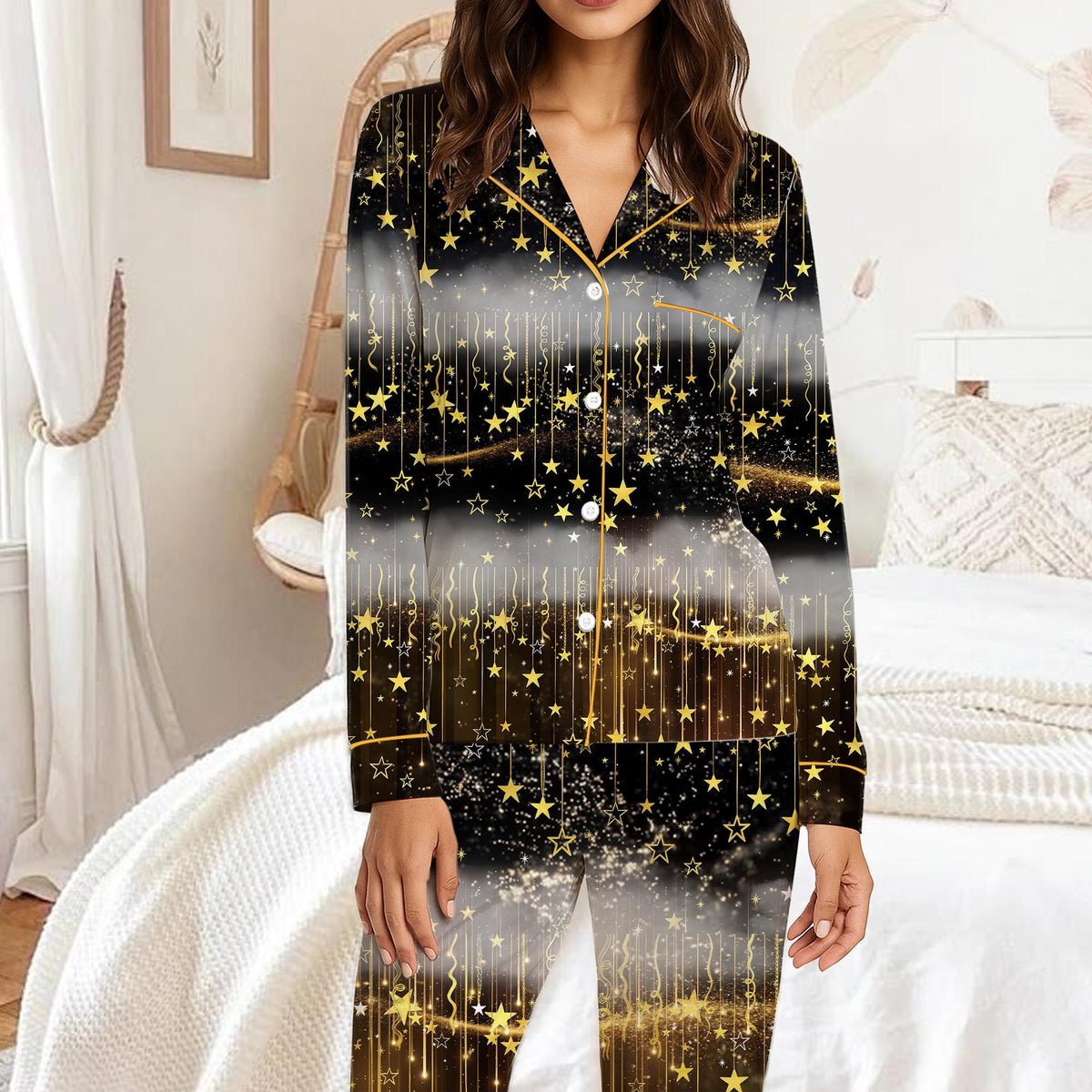 Family wearing matching celestial pajama sets