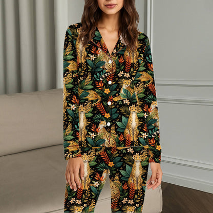 Close up lifestyle view of the cheetah tropical pajama set print