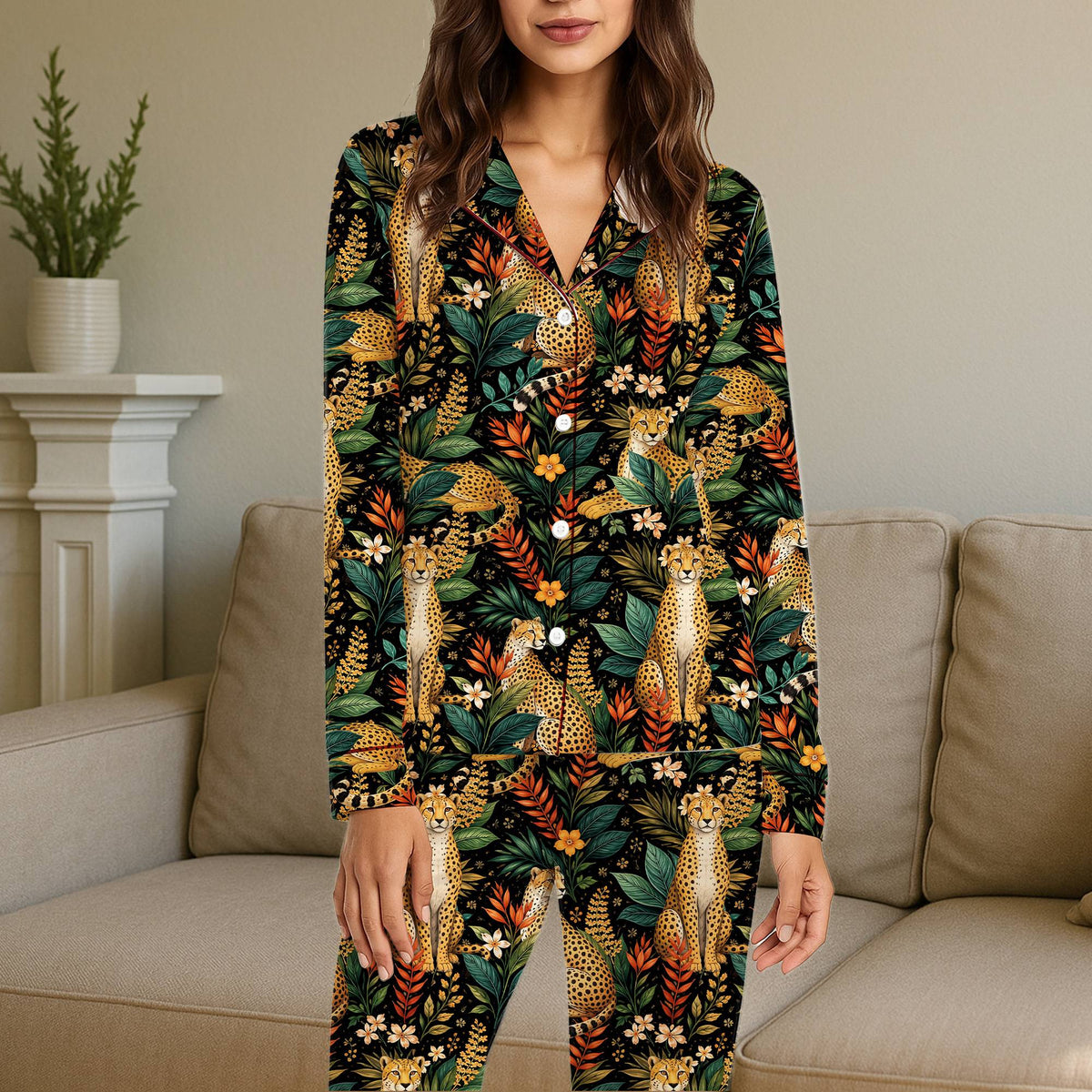 Matching family pajamas featuring a cheetah tropical design, lifestyle setting
