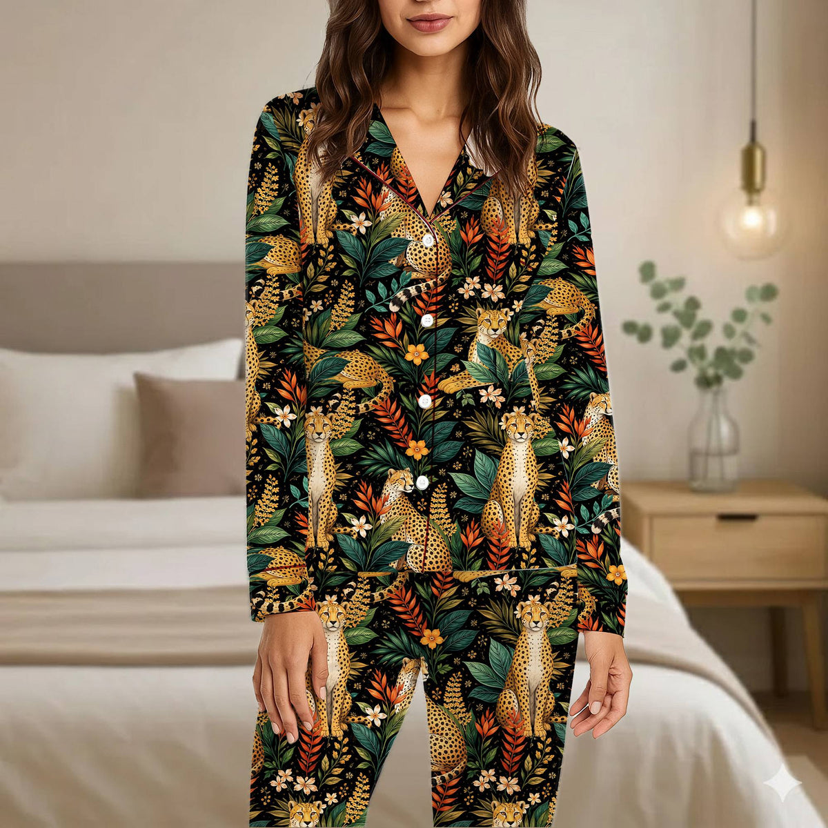 Family wearing the cheetah tropical pajama set lounging together, lifestyle view