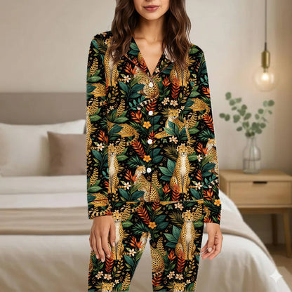 Family wearing the cheetah tropical pajama set lounging together, lifestyle view