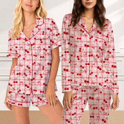 Third lifestyle view showing the pink plaid and cherry design