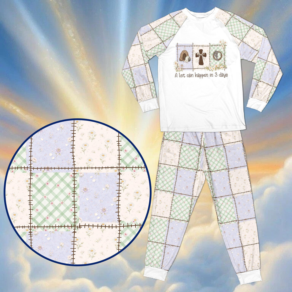 Detail view of the gingham and floral patchwork pattern on the pajama pants and sleeves