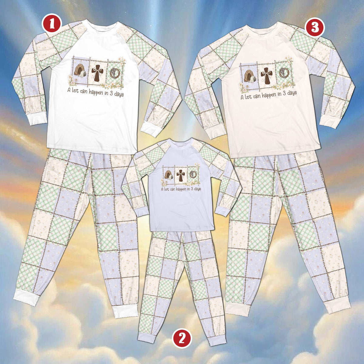 Close up of the shirt front showing the inspirational faith graphic on the family pajama set