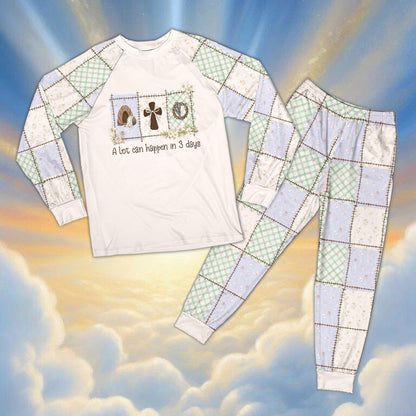 Another front view of the Easter themed Christian pajama set with light blue and green patchwork sleeves
