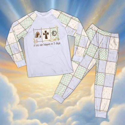 Christian pajama set with 'A lot can happen in 3 days' graphic and patchwork pants, main view