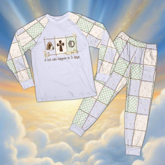 Christian pajama set with 'A lot can happen in 3 days' graphic and patchwork pants, main view