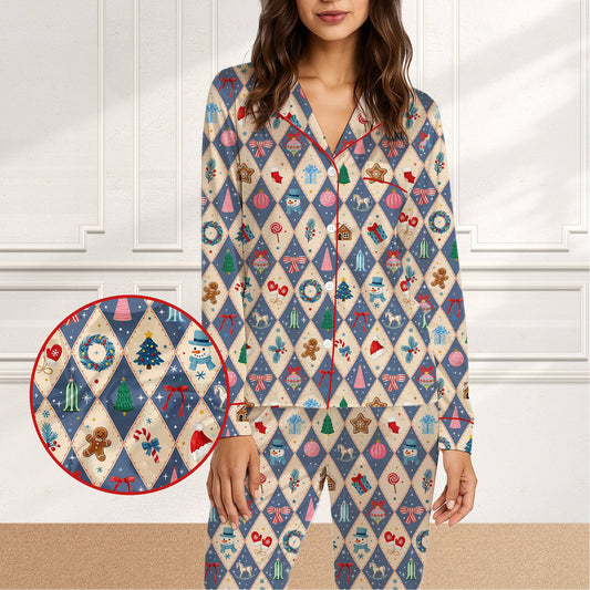 Christmas argyle pajama set featuring snowmen and trees on a navy and beige background, front view