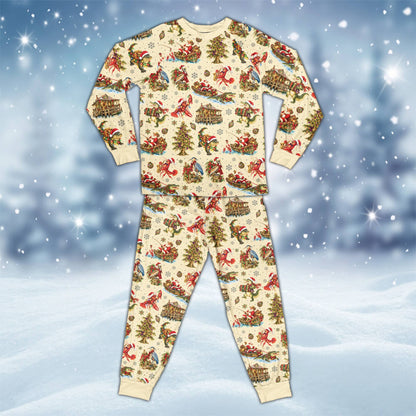Beige matching family xmas pajamas with alligator and Santa design, front view