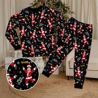 Black matching family christmas pajama set with custom Santa face pattern, front view
