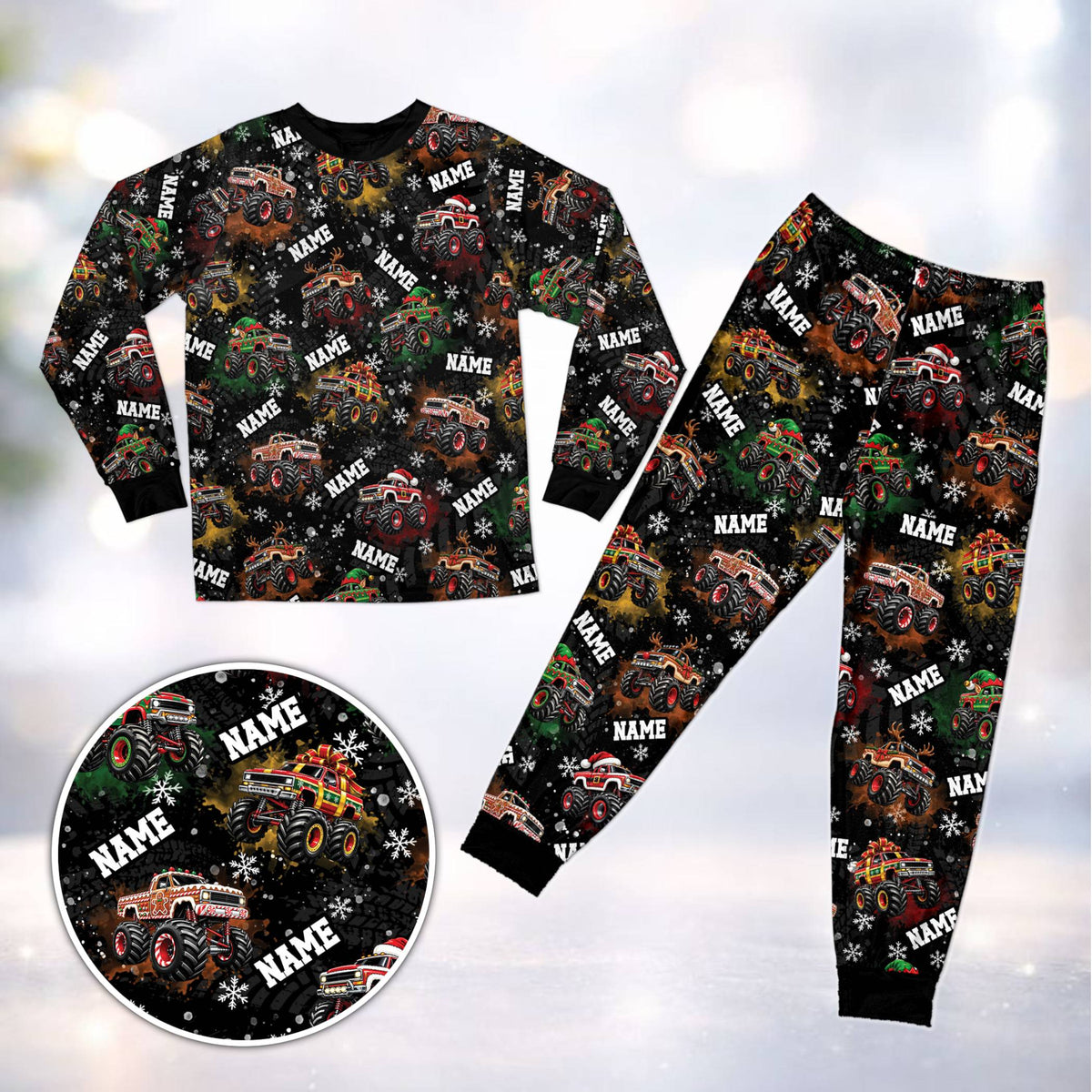 Matching family christmas pajama set featuring personalized monster truck design, main group view