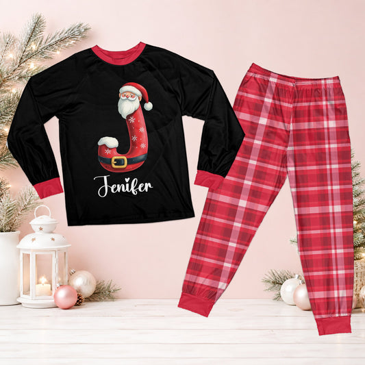 Personalized christmas pajama set featuring a Santa alphabet letter, custom name, and red plaid pants, front view