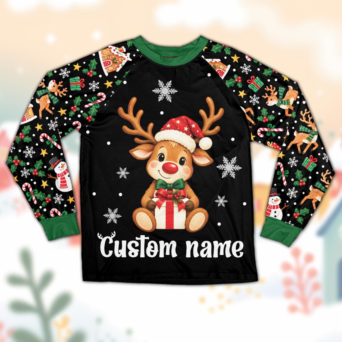 Front view of the black long-sleeve christmas pajama set top displaying the reindeer holding a gift and personalized text.