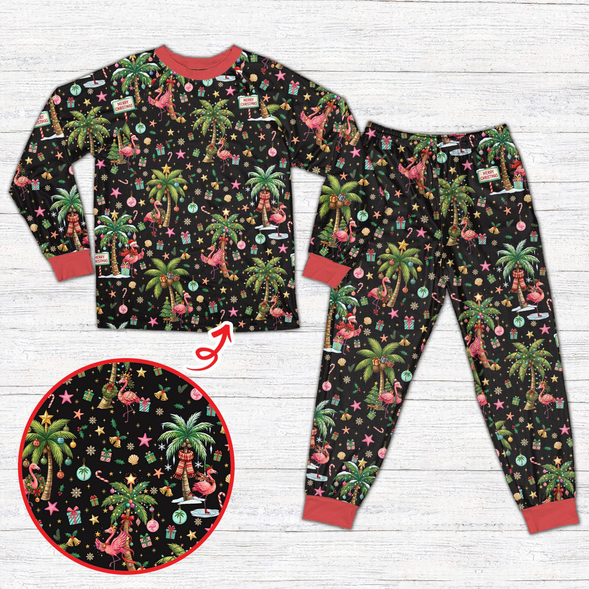 Black christmas pajama set with tropical flamingo Santa print, front view