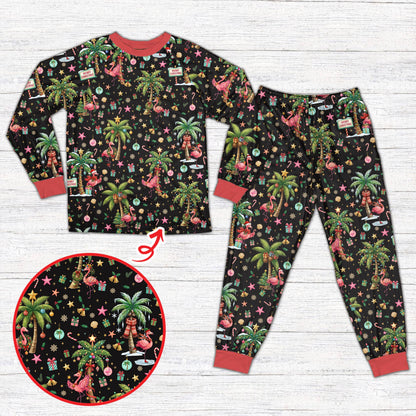 Black christmas pajama set with tropical flamingo Santa print, front view