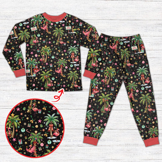 Black christmas pajama set with tropical flamingo Santa print, front view