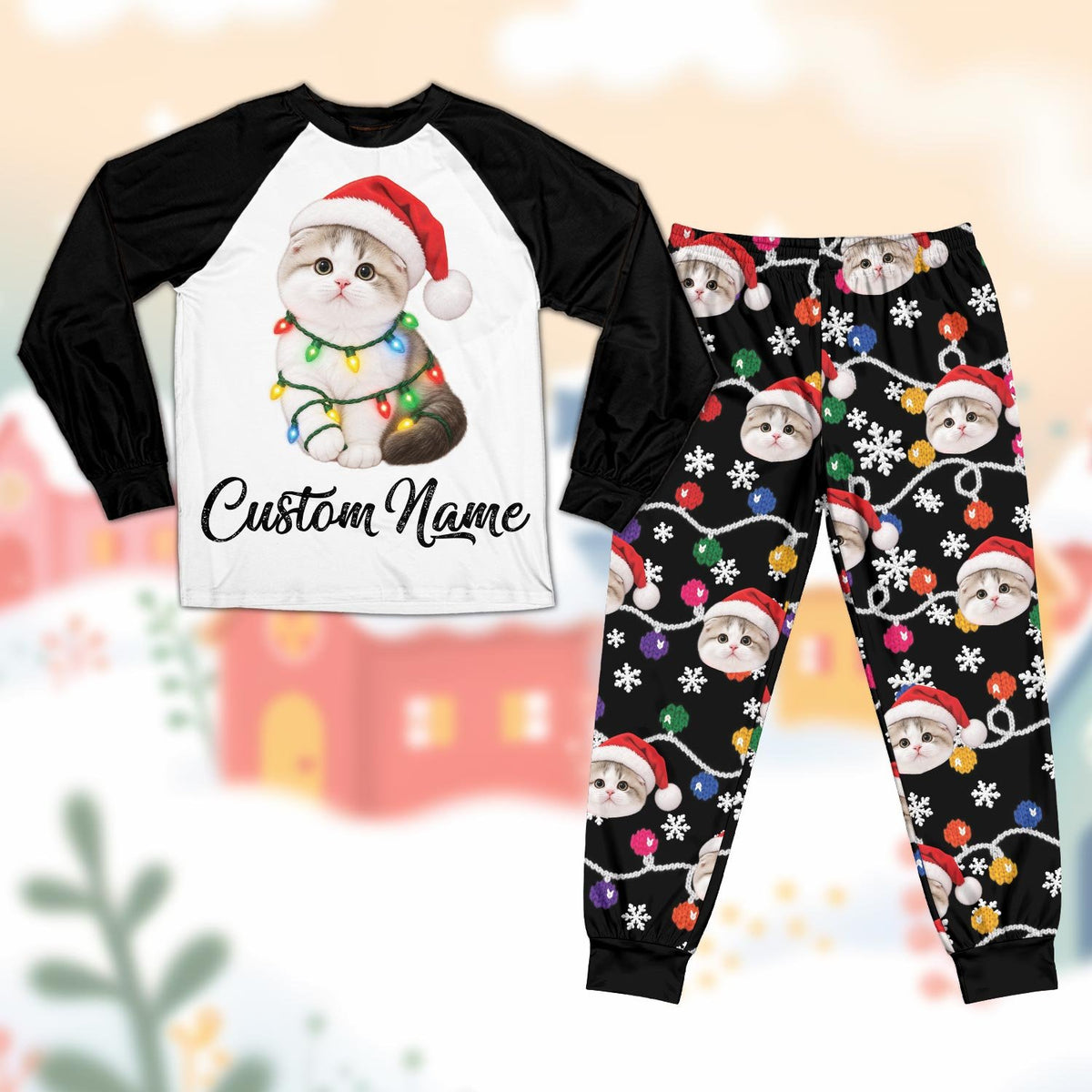 Black custom pajama set showing the personalized name and cat graphic, front view