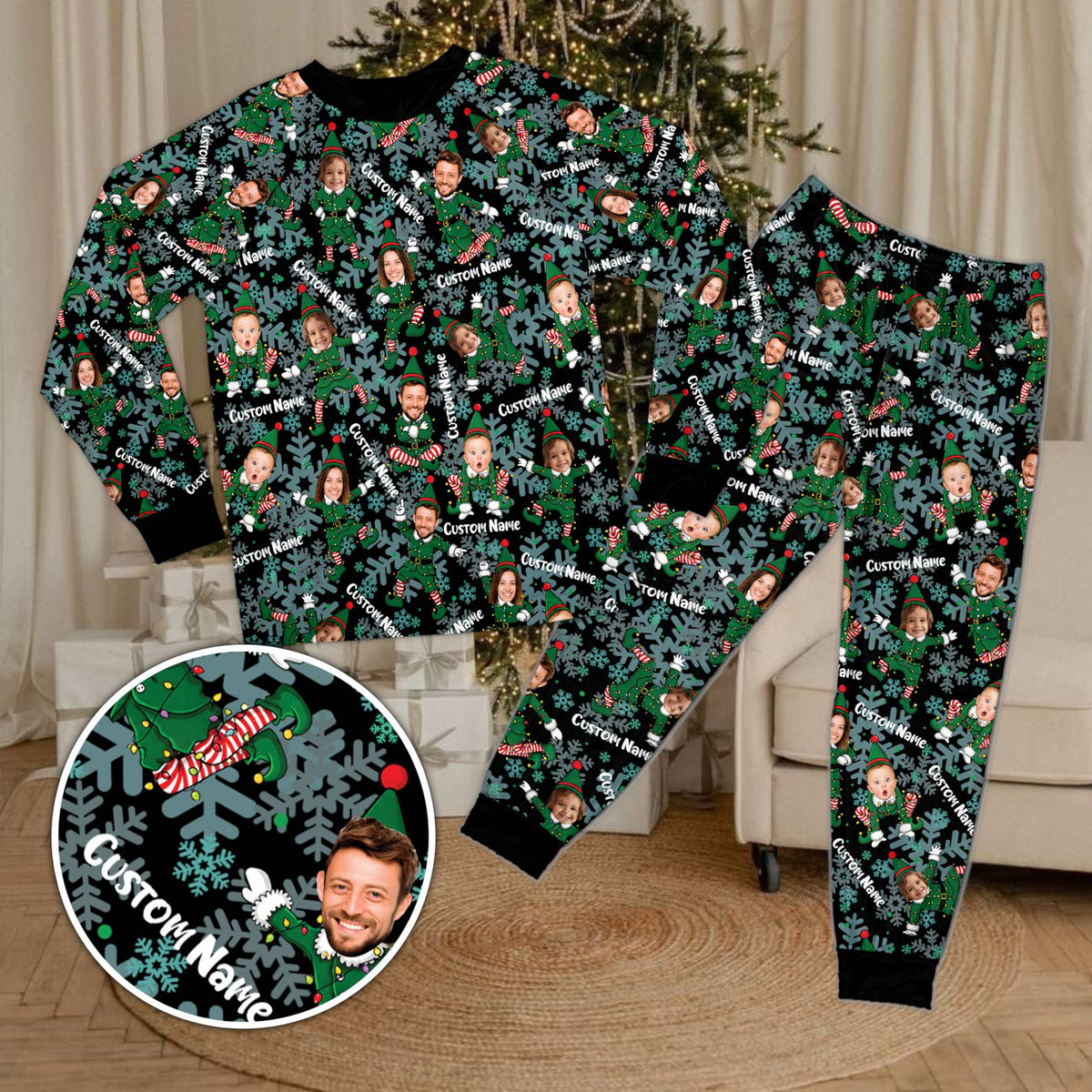 Custom name and number pajama set in black, front view