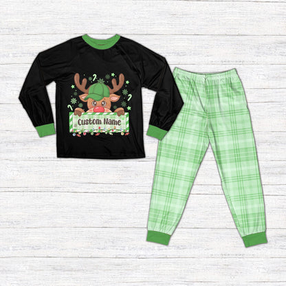 Black shirt version of the personalized christmas pajama set, front view